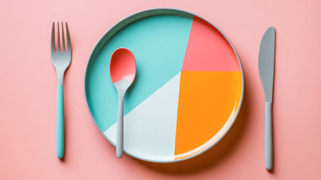 A colorful modern plate with geometric patterns, accompanied by fork and knife. Ideal for showcasing contemporary dining themes or food presentations.の素材