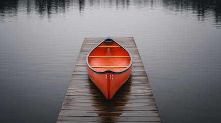 A vibrant orange canoe resting on a wooden dock, surrounded by calm water. The scene captures a tranquil moment of nature, perfect for relaxation.の素材