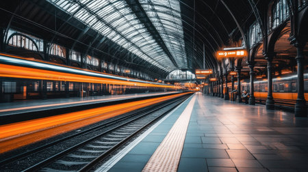 Capture the essence of urban travel with a dynamic train motion image showcasing historic station architecture, vibrant lights, and a sense of speed.の素材