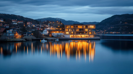 A modern building illuminated at dusk reflects on calm waters, surrounded by a serene landscape of mountains and a quaint town. Perfect for travel imagery.の素材