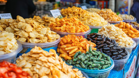 Bright and colorful display of assorted snacks in bowls at an outdoor market. This vibrant assortment showcases local flavors and inviting textures, perfect for food lovers.の素材