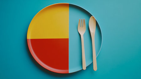 A vibrant, colorful plate divided into sections with yellow, red, and blue, accompanied by wooden cutlery. Perfect for creative dining and modern kitchen decor.の素材