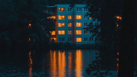 A tranquil scene captures an urban building reflecting in a serene lake during evening. Soft lights shine through windows, creating a warm ambiance.の素材