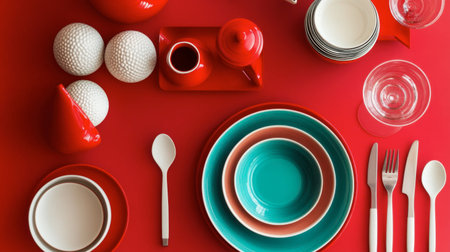 This image showcases a vibrant and modern table setting with colorful ceramics and elegant cutlery arranged on a bright red surface, ideal for dining inspiration.の素材