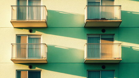 Vibrant apartment building facade showcasing balconies and long shadows, creating a striking urban aesthetic. The interplay of light and color highlights modern architecture.の素材