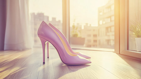 Beautiful pink high heels elegantly placed on a wooden floor near a window, capturing the soft morning light and providing a stylish ambiance.の素材