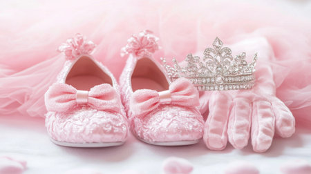 Charming pink shoes, a shimmering crown, and delicate gloves create an enchanting setup perfect for a little princess themed party or celebration.の素材