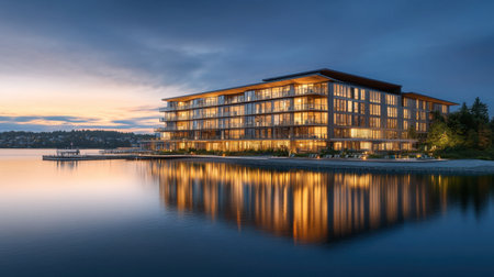 A modern lakeside hotel illuminated at dusk, reflecting beautifully in the calm water. This serene accommodation offers stunning architecture and a tranquil environment.の素材