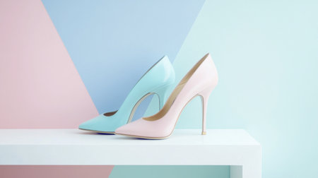 Two stylish high heels in pastel pink and blue rest elegantly on a white table. The vibrant background features angular color blocks, enhancing the modern aesthetic.の素材