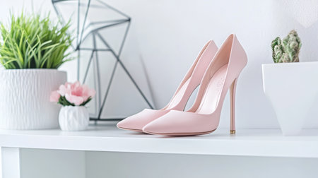 A pair of elegant pink high heels elegantly placed on a white shelf, complemented by stylish decor elements, creating a chic and modern atmosphere.の素材