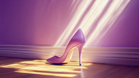 A striking pink high heel shoe rests on a sunlit wooden floor, casting soft shadows against a vibrant purple wall, ideal for fashion and lifestyle themes.の素材