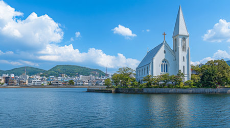 This stunning image captures a beautiful church beside a serene lake, framed by a vibrant city and majestic mountains under a clear blue sky.の素材