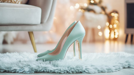 A pair of elegant mint green high heels rests on a soft furry rug in a stylish modern interior, highlighting fashion and luxury in home decor.の素材
