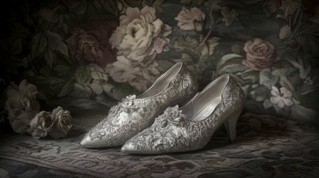 A pair of elegant silver wedding shoes beautifully displayed against a vintage floral backdrop, highlighting intricate details and delicate craftsmanship, perfect for bridal attire.の素材