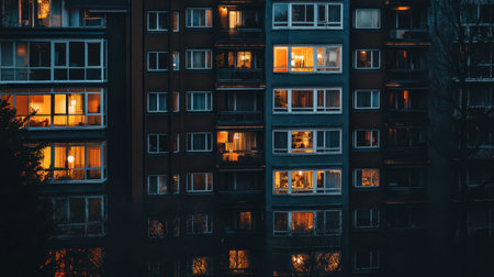 A captivating view of an apartment building at night, showcasing illuminated windows that create a warm and inviting atmosphere amidst an urban backdrop.の素材