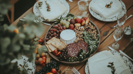 A beautifully arranged charcuterie board features a variety of grapes, fruits, nuts, and cheese, perfect for elegant dining or social gatherings.の素材