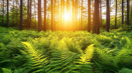 A serene forest scene captured at sunset, featuring vibrant ferns in the foreground and towering trees bathed in warm sunlight. The tranquil atmosphere invites relaxation and connection with nature.の素材