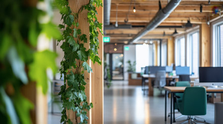 Bright and airy modern office space featuring vibrant greenery and natural light. The minimalist design creates a warm and inviting atmosphere for productivity.の素材