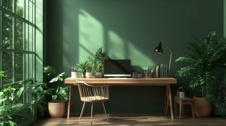 Explore a cozy home office featuring a modern desk, stylish chair, and vibrant greenery. This space emphasizes comfort, creativity, and productivity.の素材