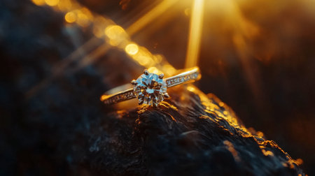 An exquisite gold engagement ring featuring a sparkling diamond sits beautifully against a warm sunset backdrop, embodying romance and elegance. Perfect for proposals.の素材