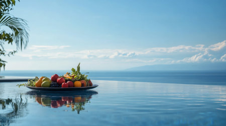A vibrant fruit platter rests beside a serene infinity pool, reflecting the tranquil ocean and clear blue sky. Perfect for summer relaxation or wellness retreats.の素材