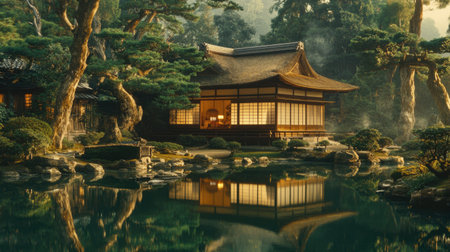 A beautiful traditional Japanese house nestled in a tranquil garden, reflecting softly in the serene pond surrounded by lush greenery. Ideal for relaxation and inspiration.の素材