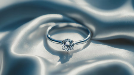 An elegant diamond engagement ring rests gracefully on soft satin fabric, showcasing its brilliance and craft. Perfect for romantic moments and special occasions.の素材