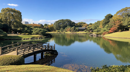 A peaceful Japanese garden featuring a serene pond, lush trees, and a charming bridge reflecting nature's beauty. An ideal location for relaxation and leisure.の素材