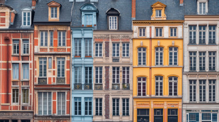 Discover a captivating view of colorful facades in a historic European city, showcasing diverse architectural styles and charming details of urban life.の素材