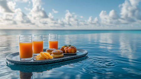 Enjoy a vibrant tropical breakfast scene featuring refreshing juices, pastries, and fruit, set against a stunning pool and sky backdrop. Perfect for relaxation!の素材