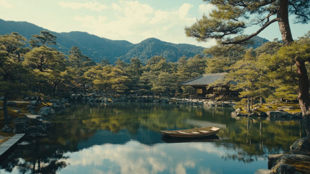 A stunning view of a peaceful Japanese garden featuring a tranquil pond, lush trees, and a serene wooden boat floating gently. The backdrop showcases majestic mountains under a clear sky.の素材