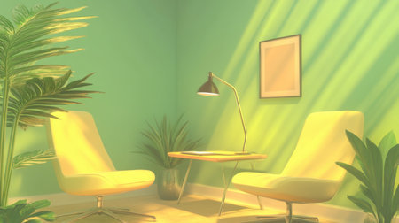 A cozy modern living space featuring yellow chairs and green walls, illuminated by soft lighting. Ideal for relaxation and creative inspiration.の素材
