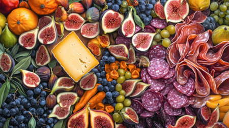 A vibrant display of fresh fruits, cheese, and salami arranged beautifully. This colorful arrangement showcases various textures and colors, ideal for gourmet occasions.の素材