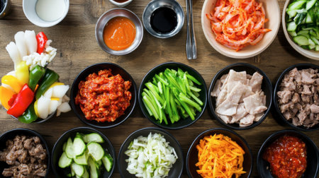 A vibrant display of fresh ingredients for Asian cuisine preparation, featuring assorted vegetables, meats, and sauces arranged neatly in bowls, perfect for cooking enthusiasts.の素材