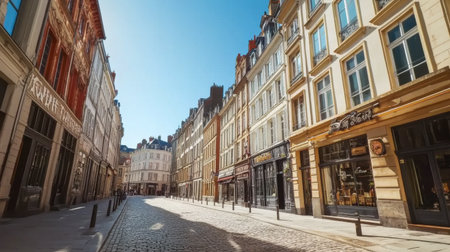Explore a charming European street featuring historic buildings and cobblestones. The serene scene captures the essence of urban life under a clear blue sky.の素材