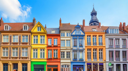 Discover the charm of historic buildings with colorful facades in a lively city square, showcasing a blend of culture and architectural beauty under a clear blue sky.の素材