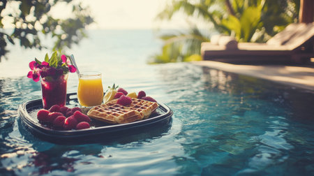 Enjoy a tranquil breakfast by the pool featuring waffles, fresh berries, and a refreshing drink. The vibrant setting invites relaxation and indulgence.の素材