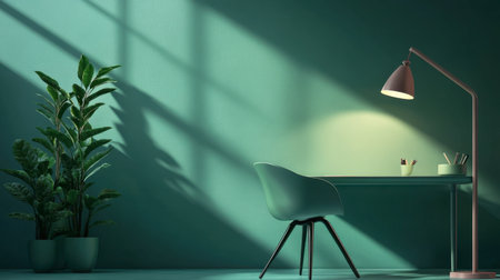 A minimalist home office featuring a sleek desk, stylish chair, and a vibrant plant against green walls, creating a tranquil and inspiring environment for productivity.の素材