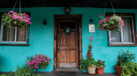 This inviting entrance features a rustic wooden door surrounded by vibrant flowers and lush greenery, creating a picturesque and welcoming home environment.の素材