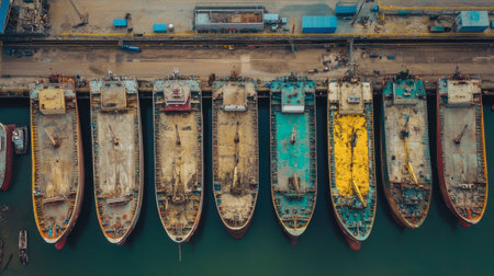 This aerial image captures a row of rusted ships docked at a port, showcasing their weathered hulls and vibrant colors against calm water, evoking a sense of maritime industry.の素材