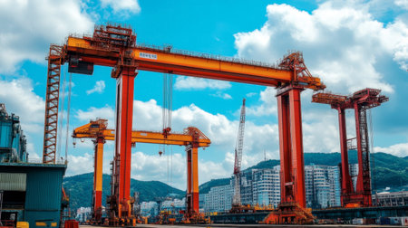 Vibrant industrial scene showcasing towering cranes at a port under a blue sky adorned with fluffy clouds, symbolizing construction and progress.の素材