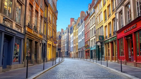 A picturesque European street featuring colorful buildings and charming cobblestone paths. This serene scene captures the beauty of urban architecture and invites exploration.の素材