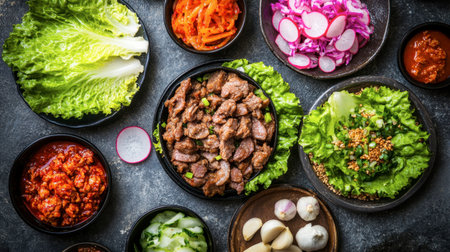 A vibrant display of fresh Korean dishes including marinated beef, lettuce wraps, and a variety of colorful side dishes, perfect for a delicious meal.の素材