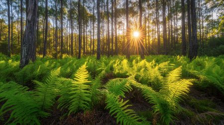A mesmerizing forest scene featuring lush ferns bathed in warm sunlight. The vibrant green foliage creates a tranquil atmosphere, perfect for nature lovers.の素材