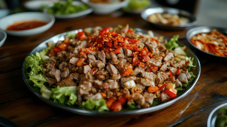 A vibrant meat salad featuring tender pieces of meat combined with fresh vegetables and a spicy sauce, perfect for sharing at a meal gathering.の素材