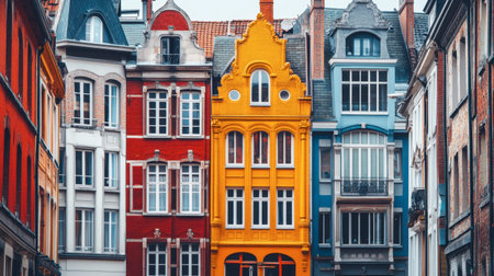 A picturesque view of colorful historic buildings lining a charming street, showcasing vibrant facades and architectural details, inviting exploration and admiration.の素材