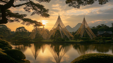 Experience the tranquility of a beautiful Japanese garden at sunset, featuring traditional structures reflected in calm water, surrounded by lush greenery and mountains.の素材