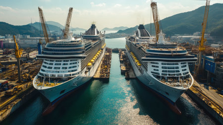 Aerial view of two large cruise ships docked in a shipyard surrounded by mountains and cranes. This image showcases the contrast of industry against nature.の素材