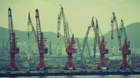A striking industrial port scene features numerous cranes positioned along the waterfront, showcasing the bustling activity of cargo handling and transportation.の素材
