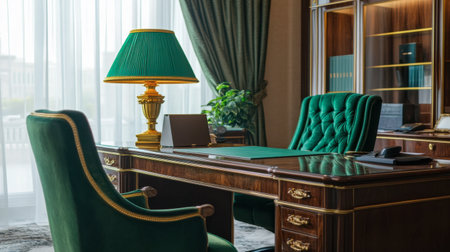 A sophisticated home office featuring a rich wooden desk and plush green chairs. Natural light streams through sheer curtains, enhancing the elegant ambiance.の素材